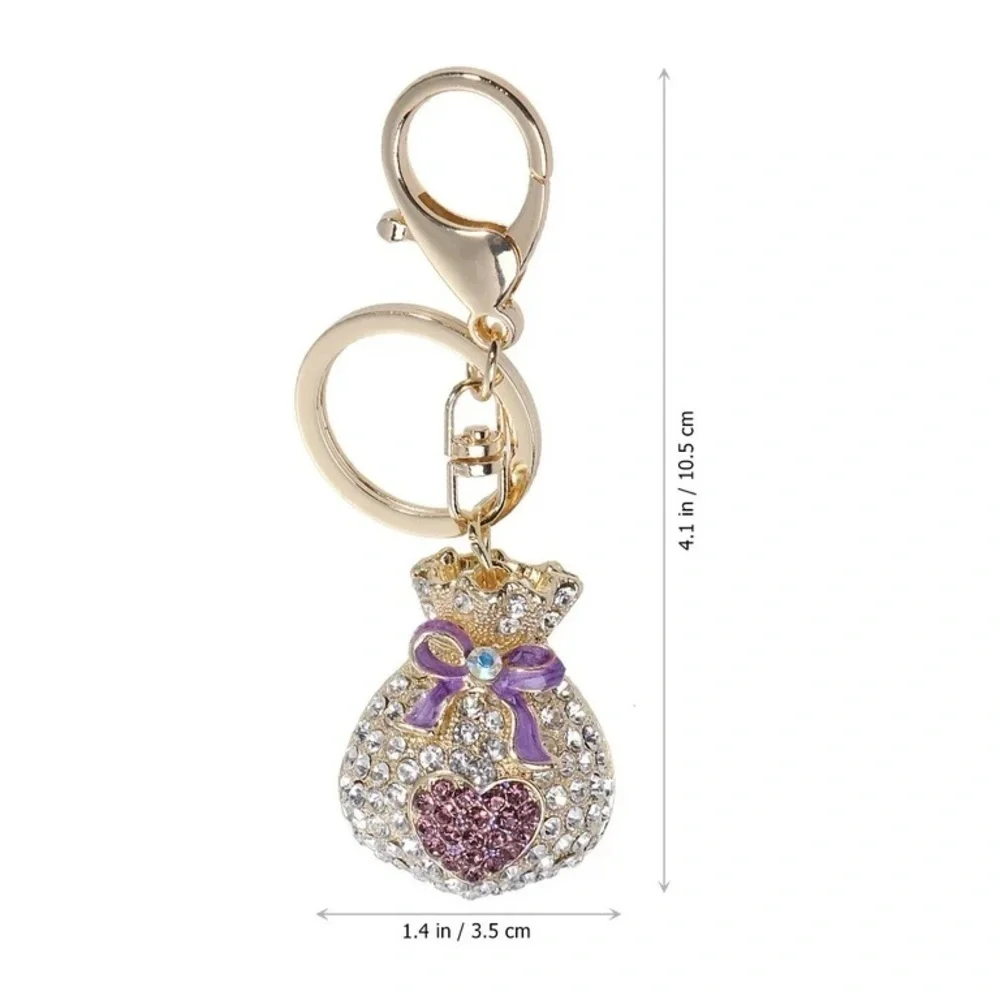 Rhinestone Money Bag Keychain Purse Charm Purple Heart Gold Tone